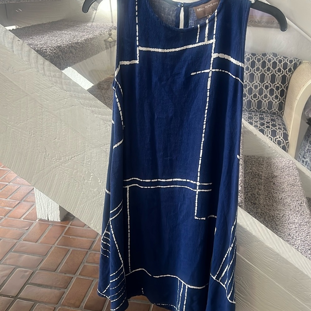 Bel Kazan Navy Blue Mini Dress with White Geometric Print